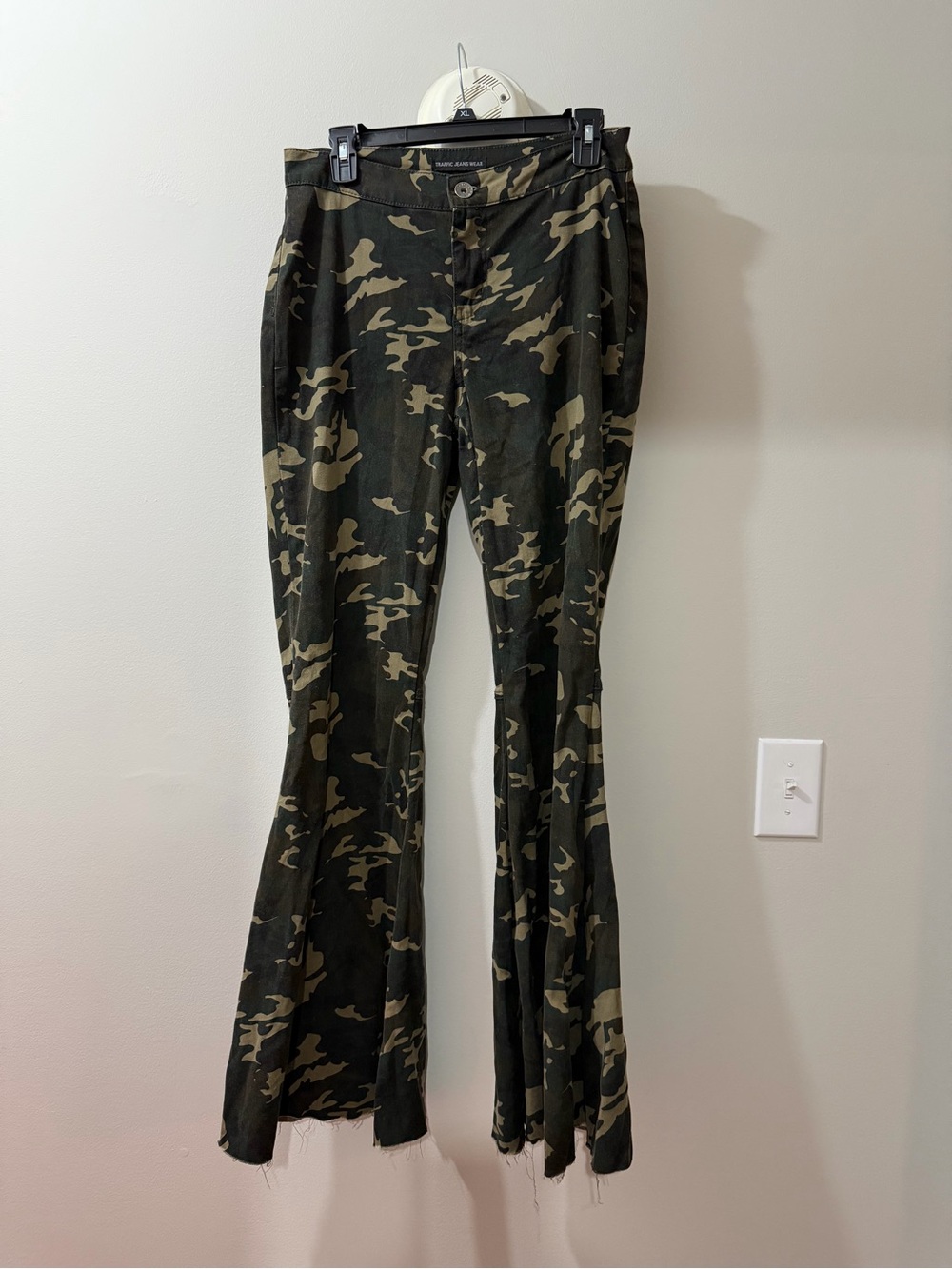 Traffic Women's Camouflage Flare Jeans in Olive and Black